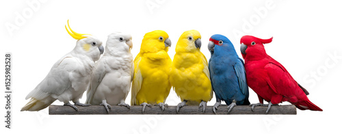 The various parrot species standing in a line isolated on a transparent  background photo