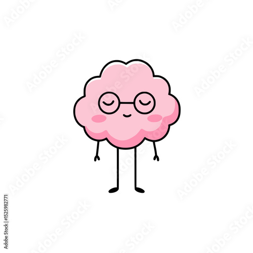 Calm pink brain cartoon with glasses, Minimalist cartoon of a peaceful pink brain character wearing round glasses, eyes closed, symbolizing mindfulness, intelligence, and calm focus.

