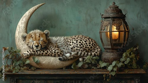 Sleepy cheetah cub resting on ornate crescent moon, next to an antique lantern, against a teal wall