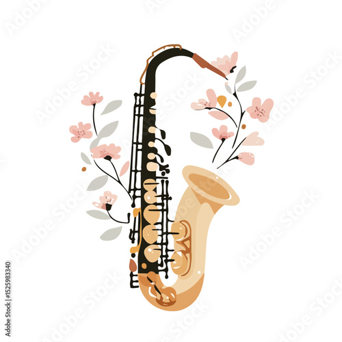 Saxophone illustration vector 2D flat, isolated on a white background.