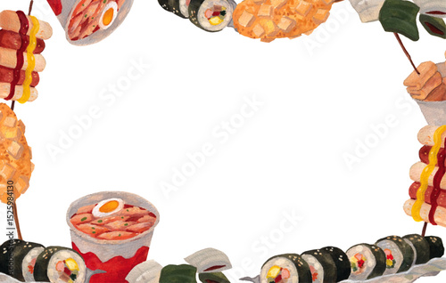 Korean street food background. Rice cakes, kimbap, corn dog, skewer watercolor elements. Asian cuisine colorful banner. Realistic snack food illustration. 