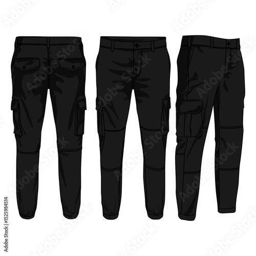 Cargo pants design flat sketch vector illustration front and back view, Black color