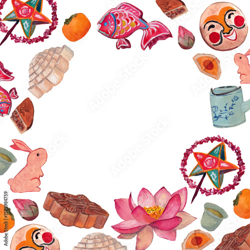 Mid Autumn festival watercolor background. Mooncakes, lanterns, persimmons, lotus flower watercolor elements. Oriental culture theme. Moon festival card template. Circle frame. 