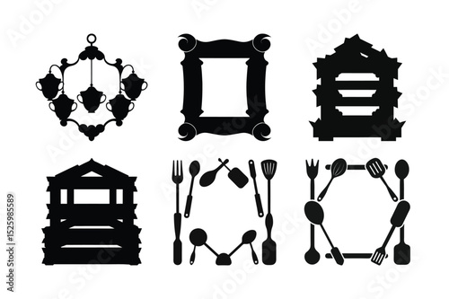 Set of vintage wooden furniture icons including chairs, benches, and tables for home interior design