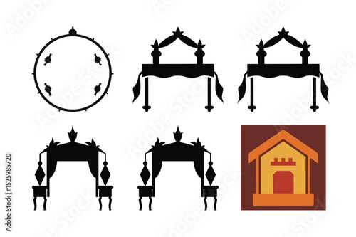 Black vector silhouette icon of a horse in a stable with a horse carriage design element