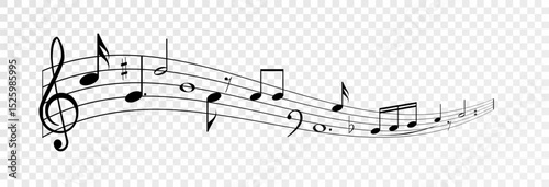 Musical notes, stave with flying notes, melody sketch with musical staff wave, comic, vector, png. Musical background for design or advertising.	
