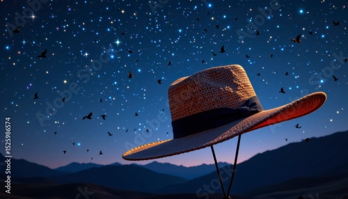 Straw Hat Under a Starry Night Sky with Bats Flying Over Mountains