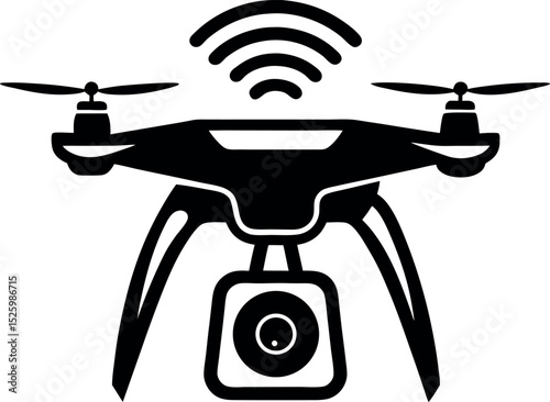 Monochromatic Drone Illustration with Signal Icon and Camera Attachment Device vector silhouette