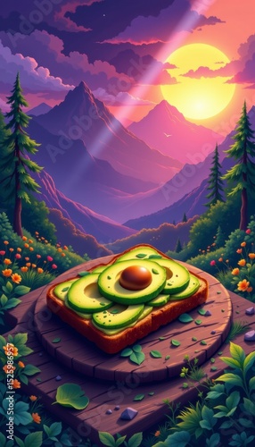 Pixel Art Avocado Toast with Mountain Sunset View