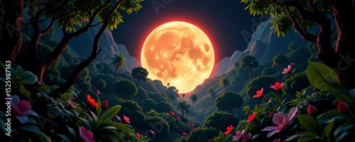 Pixel Art Tropical Forest Night Scene with Glowing Red Moon
