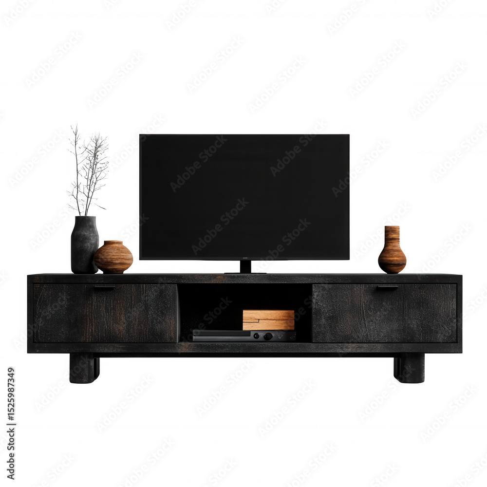 Modern black TV stand with flat screen TV, decorated with vases and plants, adds stylish touch to living room. wooden elements provide warmth and contrast Modern black TV stand with flat screen TV, decorated with vases and plants, adds stylish touch to living room. wooden elements provide warmth and contrast