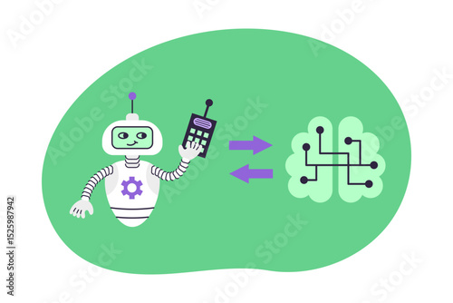 Robot and Brain with chips on green background. Concept of health and artificial intelligence. Isolated vector illustration.