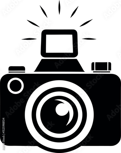 Camera icon with flash and circular lens design vector silhouette
