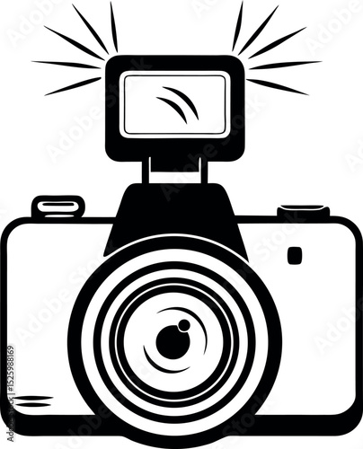 Illustration of a camera with a powerful flash emitting light vector silhouette