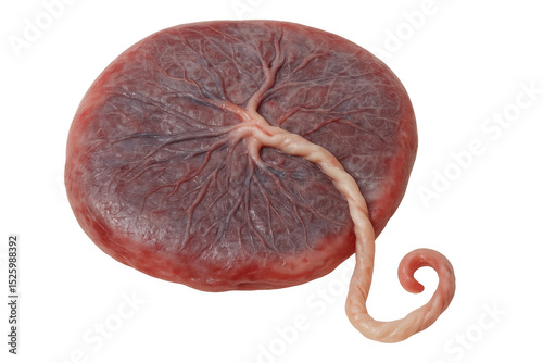 Medical specimen showing placenta and umbilical cord, revealing intricate biological connection against transparent background