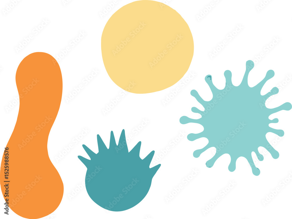 Obraz premium Abstract Microorganism & Organic Form Symbol Set Featuring Four Unique Shapes: One Elongated Orange Form, One Large Circular Yellow Form, One Spiky Teal Form, and One Splatter-Like Teal Shape