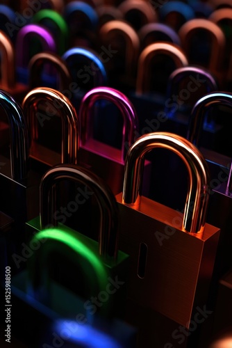 Colorful padlocks in rows