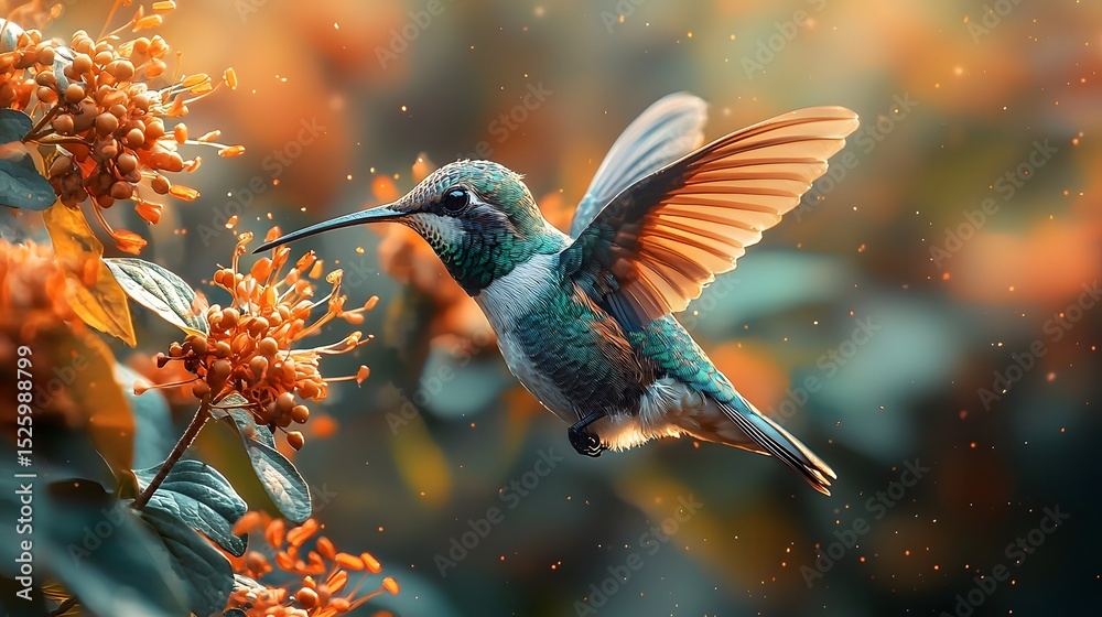 Fototapeta premium Hummingbird hovering near vibrant flowers pollinating in a natural setting