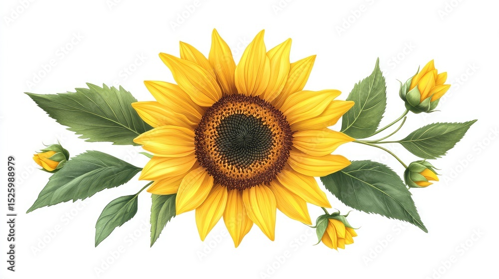Fototapeta premium National Sunflower Day, 2 August, Sunflower with leaves, 