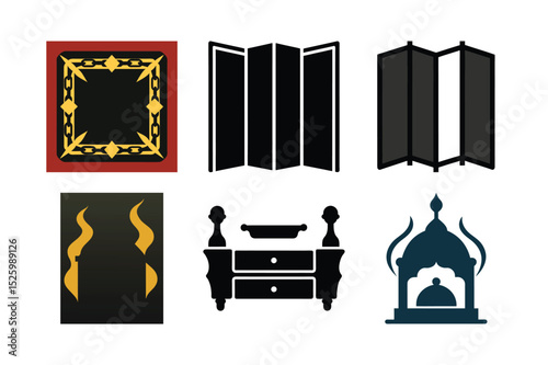 Elegant set of furniture icons for home interior design featuring sofa, chair, and table silhouettes