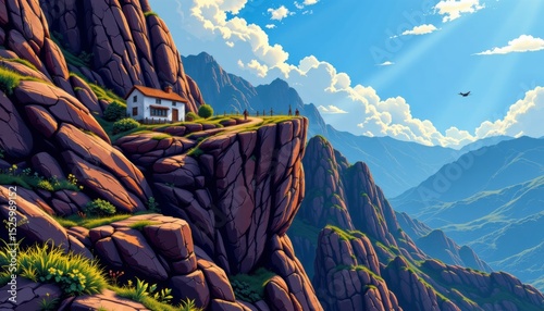 Picturesque Mountaintop House on a Cliff Digital Painting