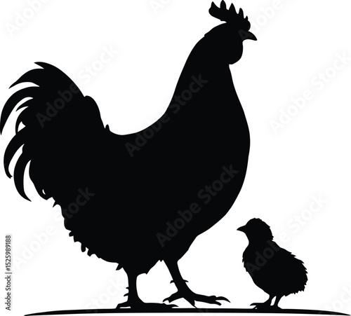 Farm Life & Poultry Bond Symbol Set Featuring a Black-and-White Silhouette Illustration of a Large Hen Standing Beside a Small Chick, Facing Each Other—Representing Nurturing, Growth, and Agricultural