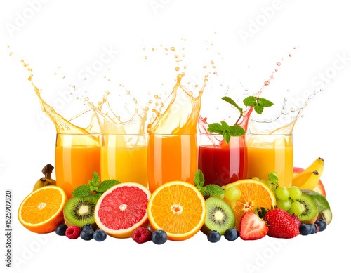 Fresh fruit juices splashing with vibrant colors.