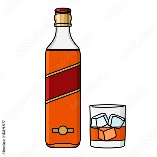 Bottiglia e bicchiere con whisky scotch e ghiaccio. Disegno simpatico stile fumetto vettoriale editabile	
	
