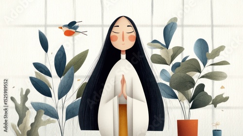 Peaceful woman surrounded by plants