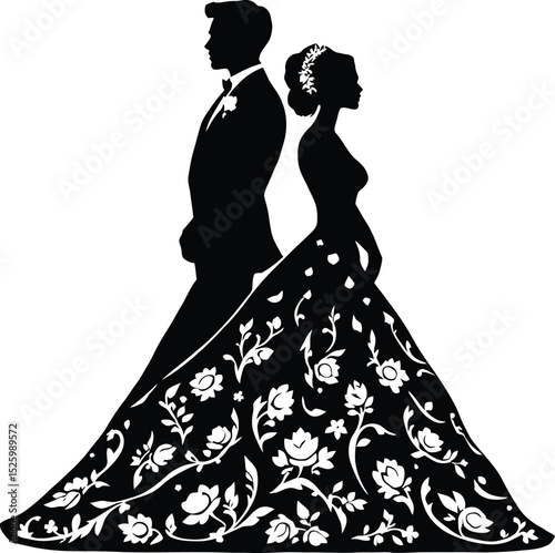 Romantic Silhouette & Elegant Floral Attire Symbol Set Featuring a Black-and-White Illustration of a Couple Standing Back-to-Back—The Man in a Formal Suit with a Bow Tie and the Woman in a Long Dress 