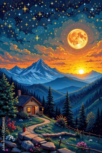 Pixel Art Mountain Landscape at Sunset with Full Moon and Starry Night Sky