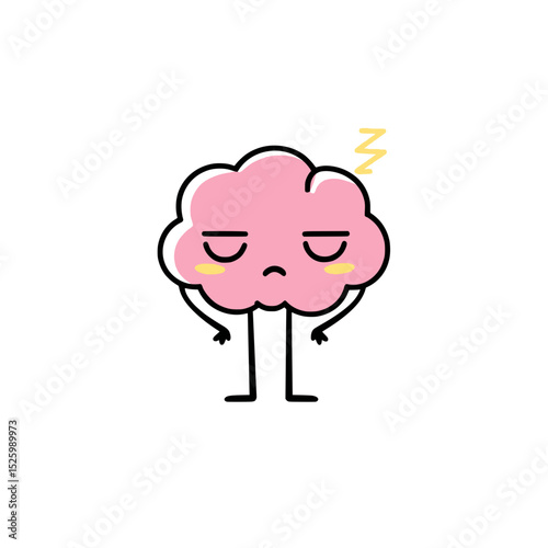 Tired pink brain cartoon with sleepy face, Cute cartoon of a pink brain character with droopy eyes and a sleepy expression, showing exhaustion or low energy with a yellow Z symbol.

