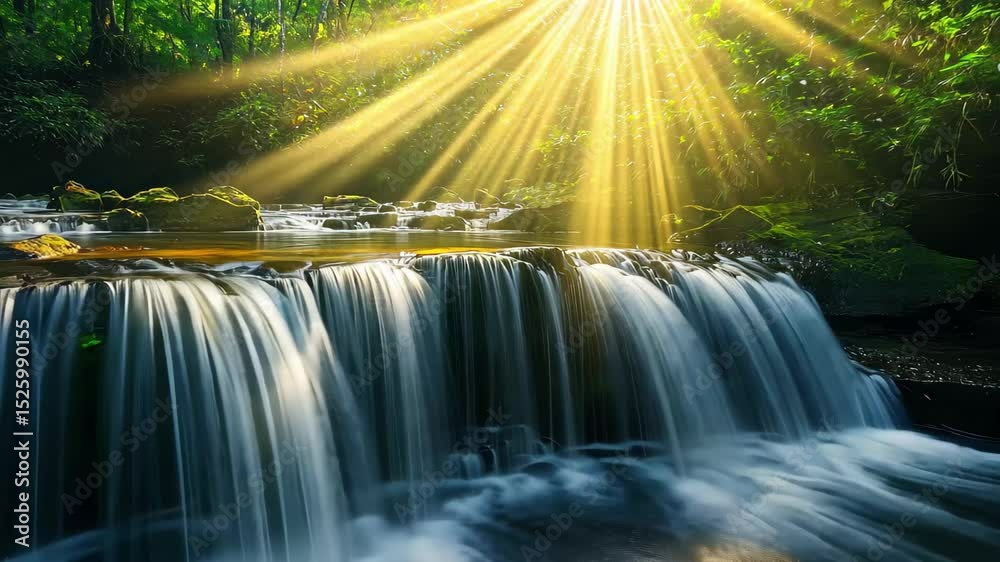 Sunshine illuminating a beautiful waterfall cascading into a tranquil pond surrounded by lush greenery, Sunshine and beautiful waterfall flows to wild pond in rain forest of Thailand