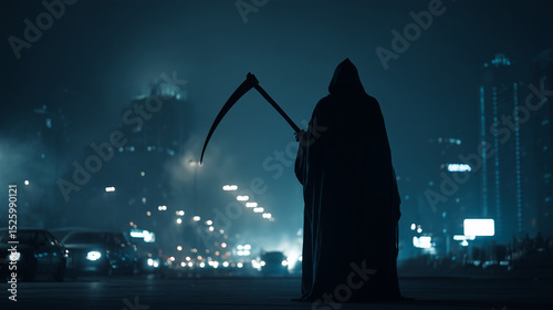 The grim reaper holding scythe standing in the middle of night city darkness mood.