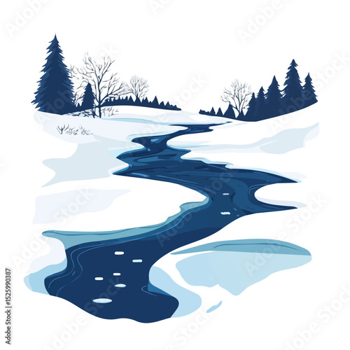 2D flat Rivers Flowing Winter Melt illustration vector, isolated on a white background.