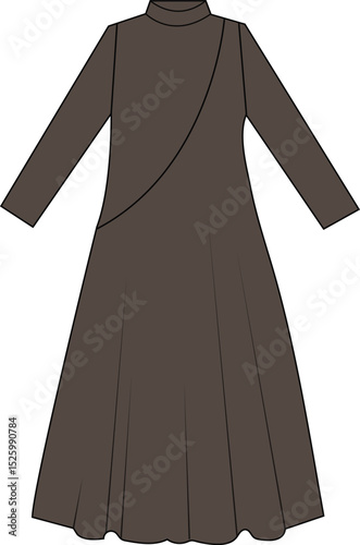 Title: Elegant Dark Brown Long-Sleeved Maxi Dress with Asymmetrical Design