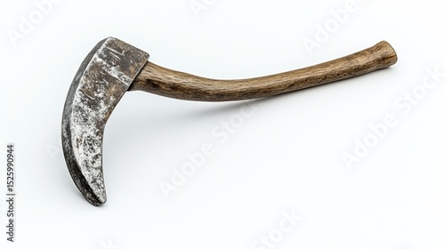 Weathered, curved blade hand tool with wooden handle, isolated on white background