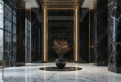 Elegant lobby with black marble columns and a decorative plant in a modern interior design style
