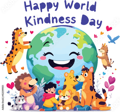 World Kindness Day Celebration & Animal Friendship Symbol Set Featuring a Cheerful Illustration of a Smiling Earth Surrounded by Various Animals and a Child Holding a Teddy Bear, With Floating Hearts 