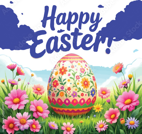 Easter Celebration & Festive Greeting Symbol Set Featuring a Vibrant, Multi-Colored Easter Egg with Floral Patterns, Set Against a Cheerful Background of Blooming Flowers and a Bright Blue Sky, 