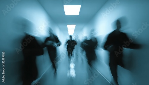 Blurred figures rushing down a hallway photo