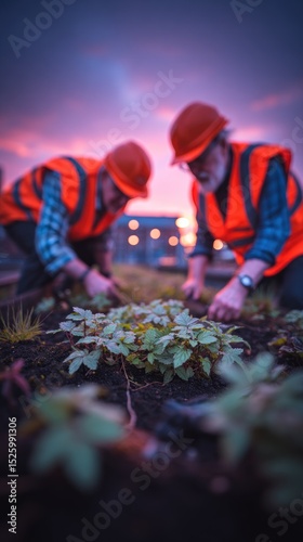 Two people tending a rooftop garden at twilight