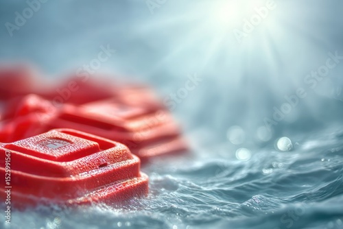 Red toys on water, sunlit