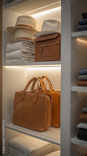 Well-lit closet shelves display neatly stacked clothing, hats, and leather bags
