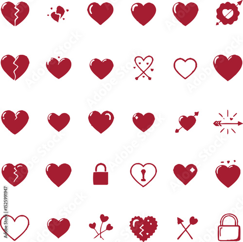Heart Symbol & Emotional Expression Icon Set Featuring 25 Unique Red Heart Designs Arranged in a Grid Format, Showcasing Various Emotional States, Including Whole Hearts, Broken Hearts, 
