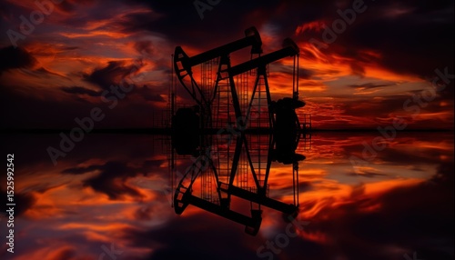 Oil pumps at sunset reflected