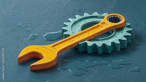 Yellow wrench on gear illustration for mechanical engineering and repair work