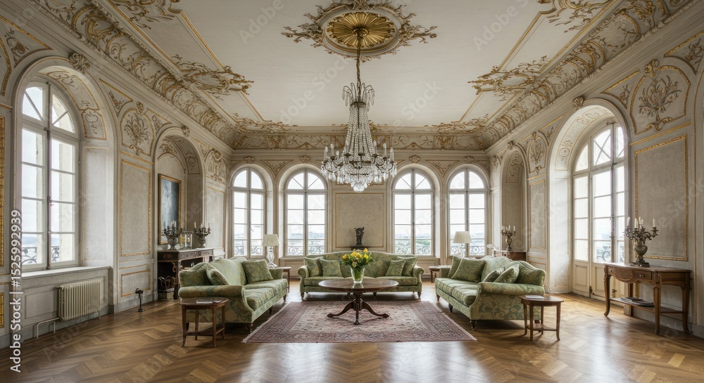 Fototapeta premium Bright classical interior room with tall windows and elegant furniture