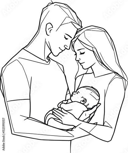Parental Love & Family Bond Symbol Set Featuring a Black-and-White Illustration of Two Parents Holding Their Swaddled Baby Together, Expressing Care, Protection, and Deep Emotional Connection