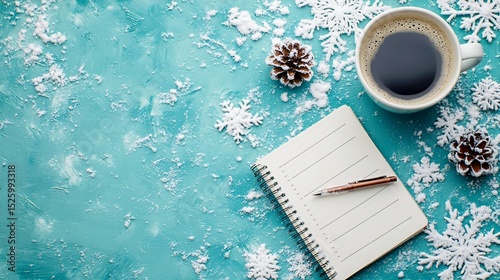 Winter morning scene coffee, notepad, pencil, snowflakes and pine cones on teal background